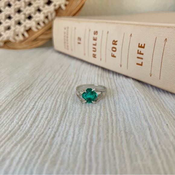 Art Deco Green Stone Emerald Square Cut Ring “Aiden” Diamond Forest Earthy Elven - Picture 6 of 14